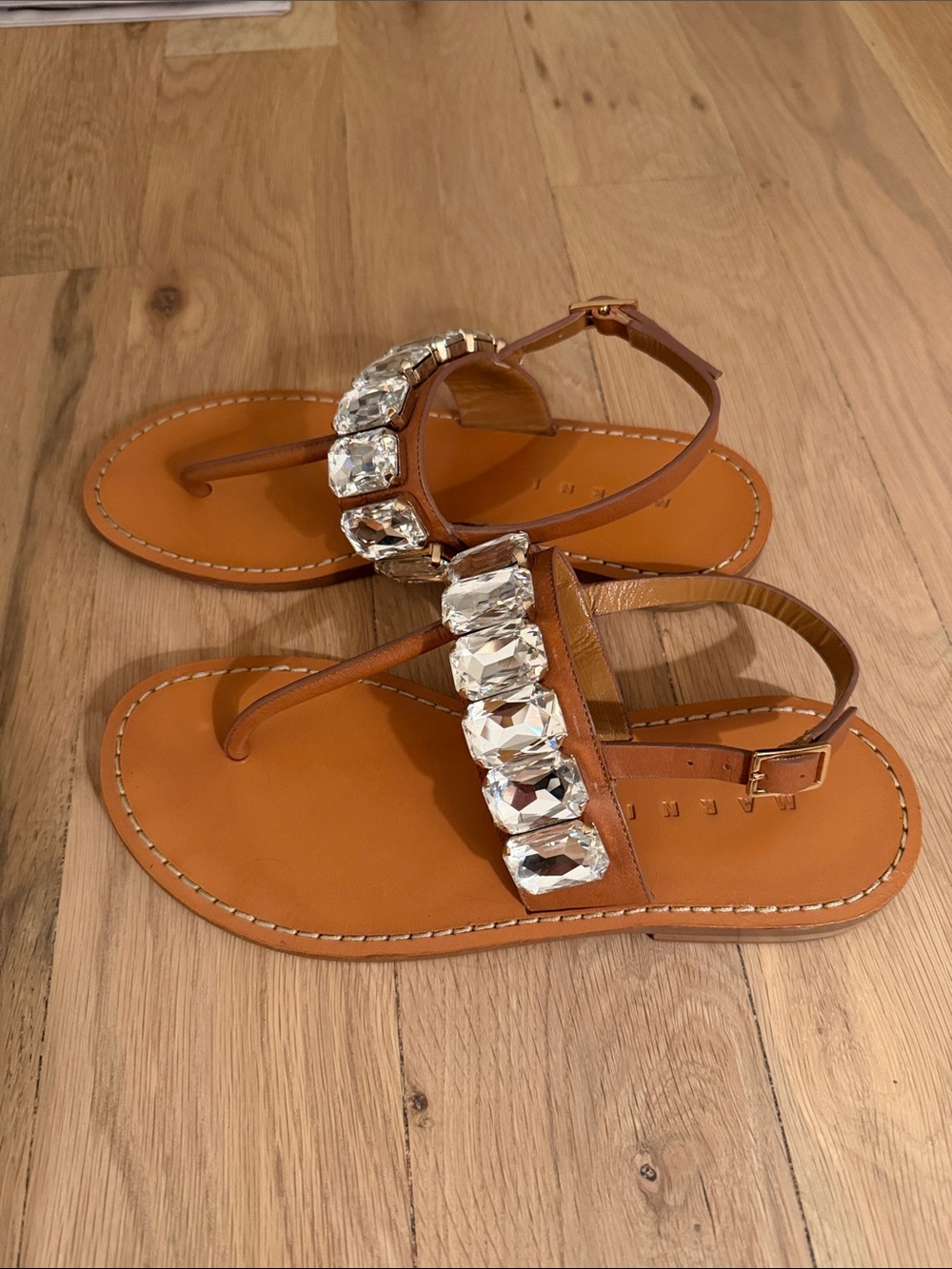MARNI Embellished Tan Leather T-Strap Sandals SIZE 37 - Picture 3 of 5